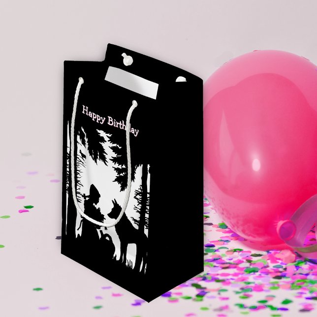 Birthday Fairy Tale Riding Hood Wolf Black White Kleine Geschenktüte (Red riding hood in woods with flowers talking to wolf on black white Happy Birthday gift bags.)