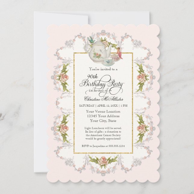 Birthday Fairy Tee Party, Rose Teekanne n Cups Einladung (Vorderseite)