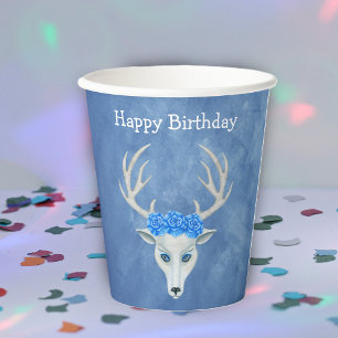 Birthday Fantasy White Deer Head Blue Rose Pappbecher