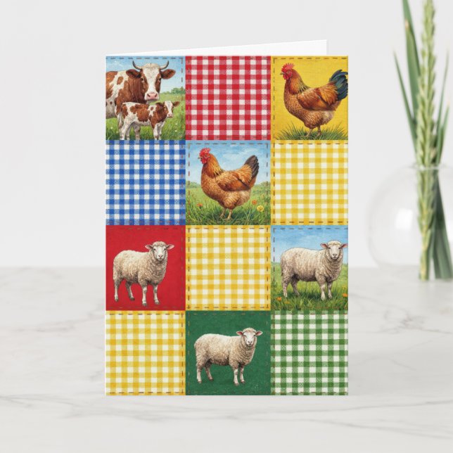 Birthday Farm Animals and Gingham Patchwork Quilt Karte (Vorderseite)
