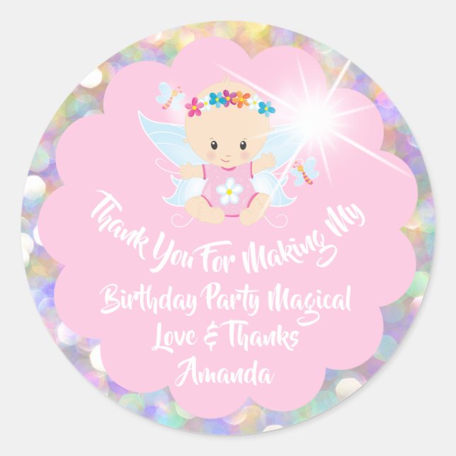 Birthday Favor Baby Dusche Pink Glitzer Fairly Runder Aufkleber (Vorderseite)