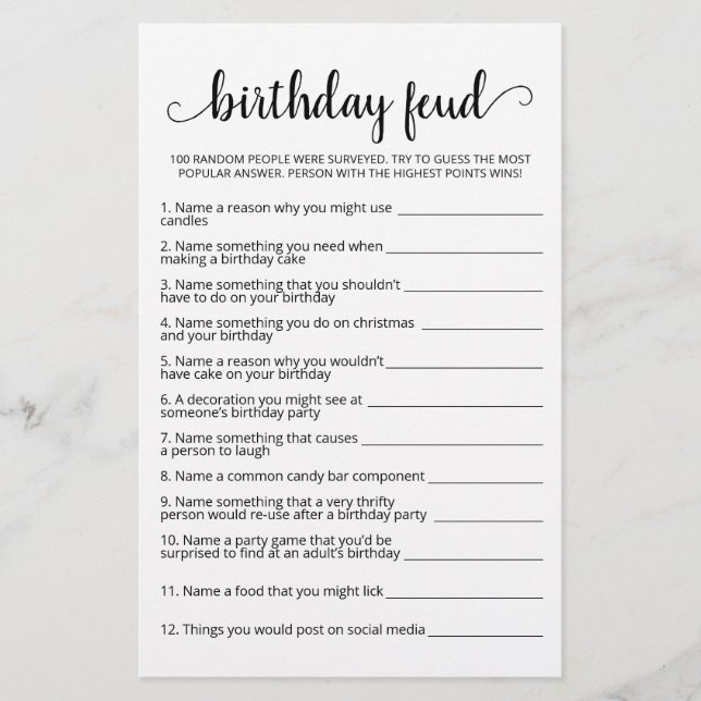 Birthday Feud Spiel mit Answers (Vorderseite)