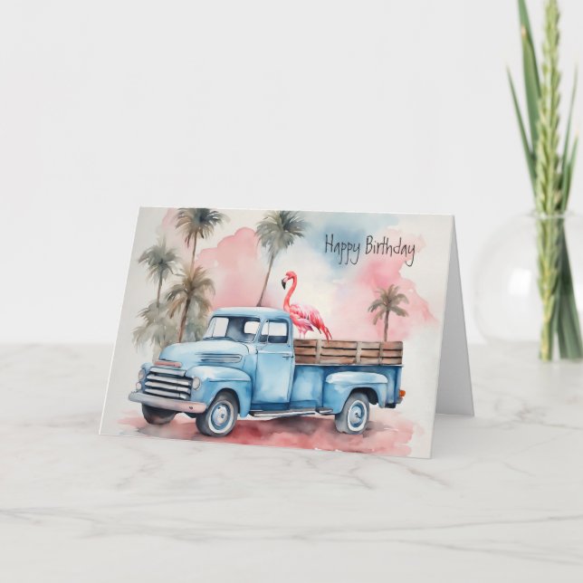 Birthday Flamingo in Retro Blue Truck Karte (Vorderseite)