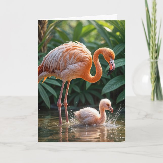 Birthday Flamingo Mutter und Chick Karte (Vorderseite)