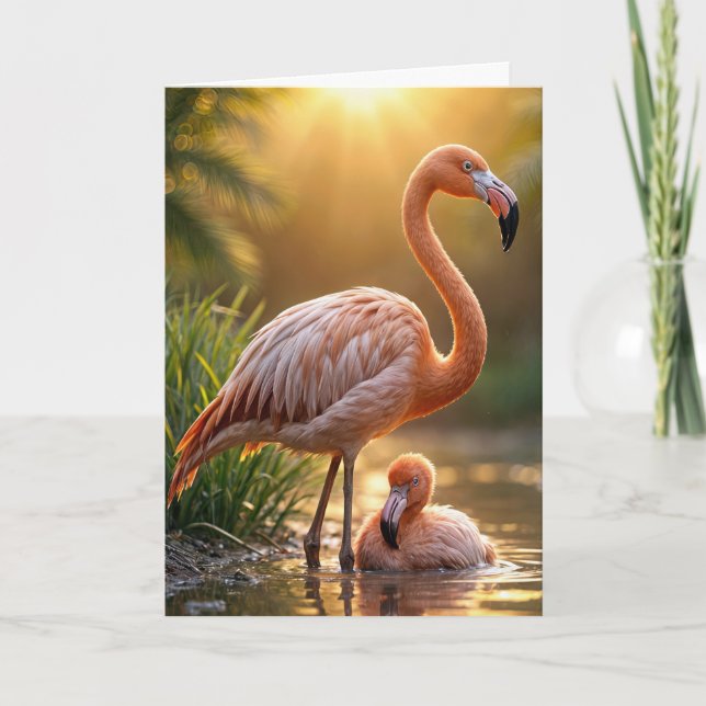 Birthday Flamingo Mutter und Chick Karte (Vorderseite)