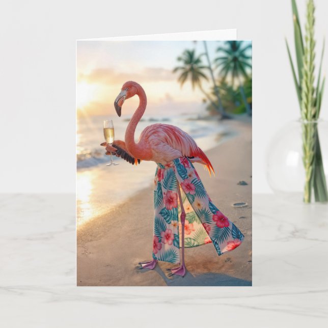 Birthday Flamingo With Champagne On a Beach Karte (Vorderseite)