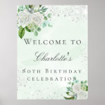 Birthday floral silver glitter greenery welcome poster<br><div class="desc">A modern,  stylish and glamorous welcome poster for a woman's 80th (or any age) birthday party. A  watercolored green background with faux silver glitter dust and white florals and greenery. The name is written with an elegant hand lettered style script. Personalize and add a name and age.</div>