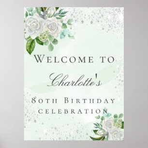 Birthday floral silver glitter greenery welcome poster