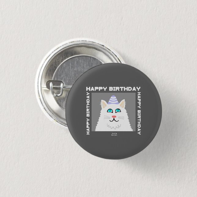 Birthday Fluffy White Cat Round Button (Vorne & Hinten)