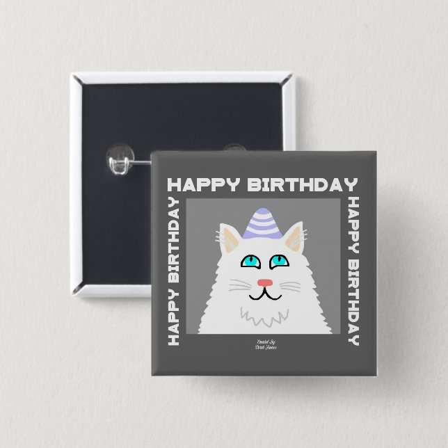 Birthday Fluffy White Cat Square Button (Vorne & Hinten)