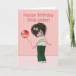 BIrthday for Little Sister Karte<br><div class="desc">Eine niedliche, kleine pixie Puppe, gekleidet in einem weißen T-Shirt und einer grünen Hose. Sie hat stachelige, dunkle Haare mit grünem Bogen. Sie hat einen roten Ballon um ihr Handgelenk gebunden. Der Text sagt "Happy Birthday kleine Schwester" Sie können den Insider-Text bearbeiten. Andere Karten mit diesem Design, aber für verschiedene...</div>