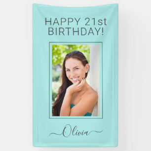 Birthday Foto Aqua Blue Aquamarin Script Giro Banner