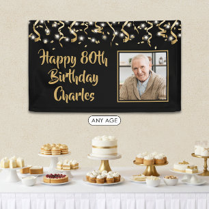 Birthday Foto Black Gold Confetti Streamers Banner