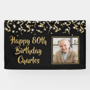 Birthday Foto Black Gold Confetti Streamers Banner