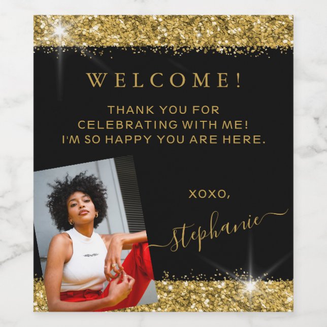 Birthday Foto Black Gold Glitzer Willkommen Weinetikett (Einzelnes Label)