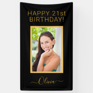Birthday Foto Black Gold Script Girly Banner