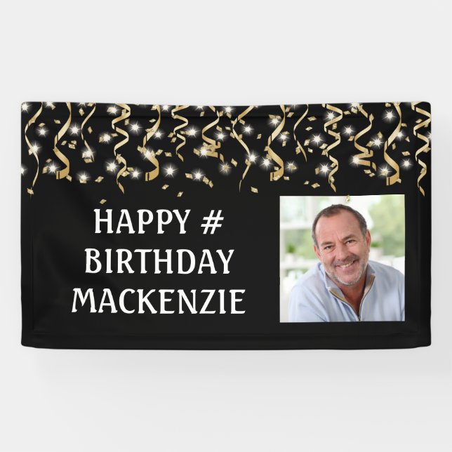 Birthday Foto Black Gold Streamers Personalisiert Banner (Horizontal)