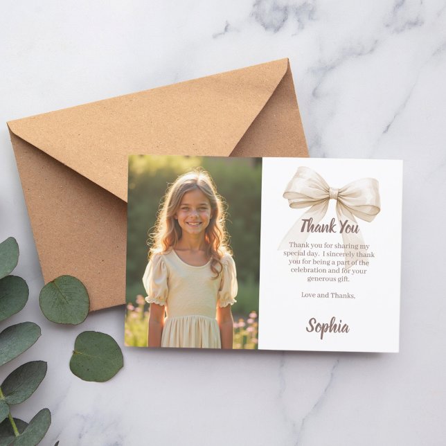 Birthday Foto bow beige Dankeskarte (Von Creator hochgeladen)