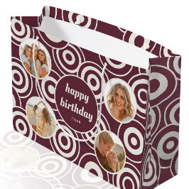 Birthday Foto Collage Retro Circles Burgundy Große Geschenktüte