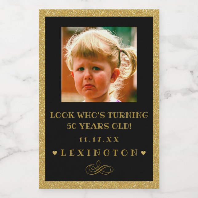 Birthday Foto Glitzer Look Mini Flasche Etikett | (Einzelnes Label)