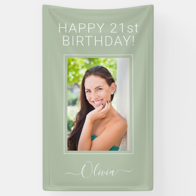 Birthday Foto Green Sage Script Girly Banner (Vertikal)
