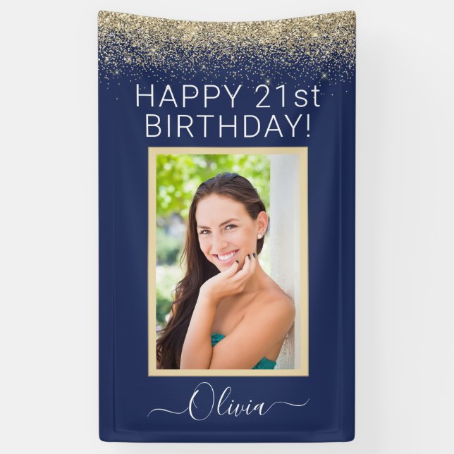 Birthday Foto Navy Blue Gold Glitzer Girly Banner (Vertikal)