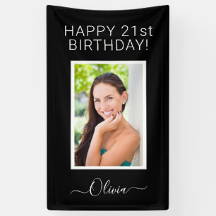 Birthday Foto Schwarz-weiß Script Girly Banner