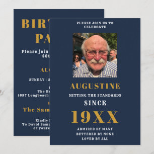 Birthday Foto Template Elegante Chic Blue Gold Einladung