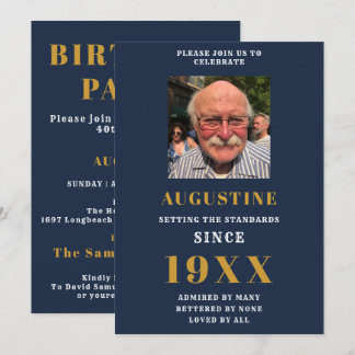 Birthday Foto Template Elegante Chic Blue Gold Einladung