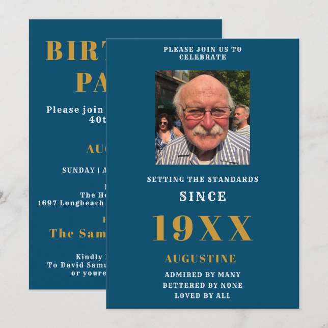 Birthday Foto Template Name Elegant Blue Gold Einladung (Vorne/Hinten)