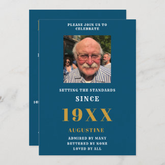 Birthday Foto Template Name Elegant Blue Gold Einladung