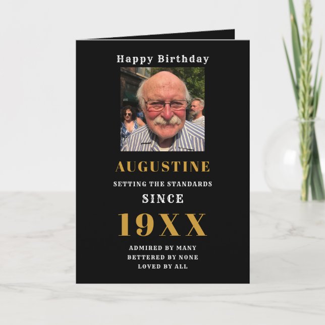 Birthday Foto Template Name Schwarzes Gold jedes J Karte (Vorderseite)