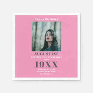 Birthday Foto Vorlage Elegant Girly Pink Gray Serviette