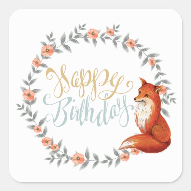 Birthday Fox Wreath Quadratischer Aufkleber (Vorderseite)