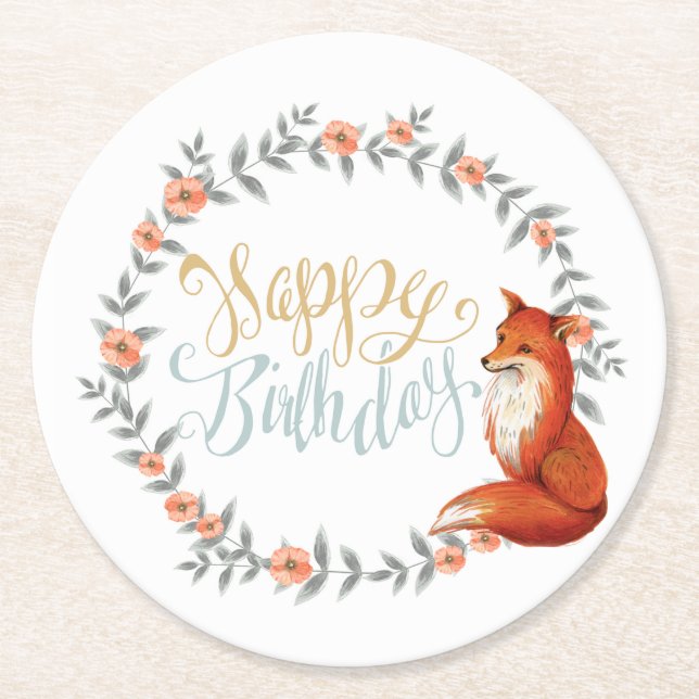 Birthday Fox Wreath Runder Pappuntersetzer (Vorderseite)