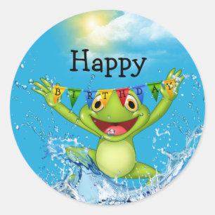 Birthday Frog springt aus dem Wasser Runder Aufkleber