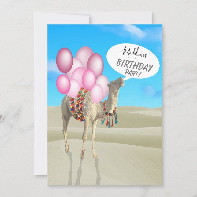 Birthday Fun Desert Camel Pink Balloons Einladung (Vorderseite)