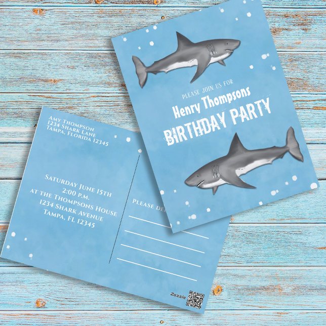Birthday Fun Simple Whimsical Haie Blue Ocean Postkarte (Von Creator hochgeladen)