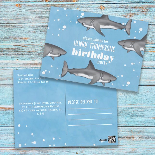 Birthday Fun Whimsical Ocean Swimming Haie Postkarte (Von Creator hochgeladen)