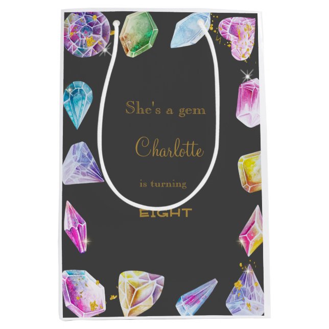Birthday Gem Party Crystals Girl's Aquarell Mittlere Geschenktüte (Vorderseite)