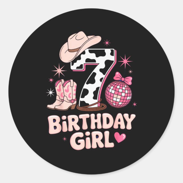 Birthday Girl 7 Cowgirl Party Outfit Fun Disco The Runder Aufkleber (Vorderseite)