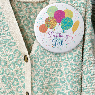Birthday Girl Animal Pattern Balloons Button