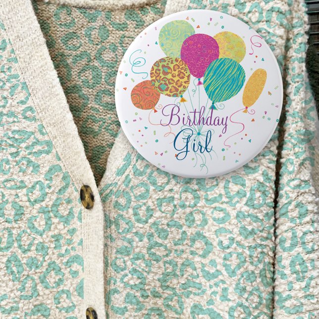 Birthday Girl Animal Pattern Balloons Button (Von Creator hochgeladen)