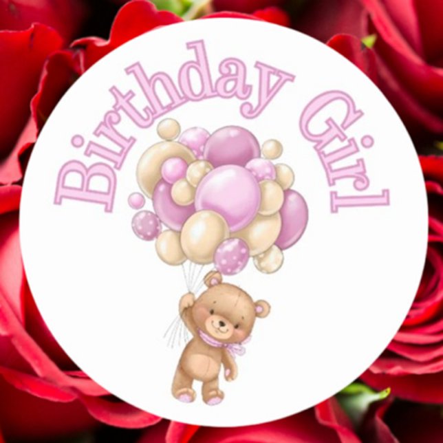Birthday Girl Bear Baby Dusche Runder Aufkleber (Celebrate your baby shower with our adorable Birthday Girl Bear classic round sticker.)