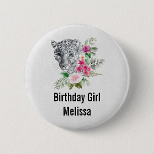 Birthday Girl Beautiful Leopard Head Watercolor Button