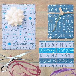 Birthday Girl Blue Niedlich Hinzufügen eines Namen Geschenkpapier Set