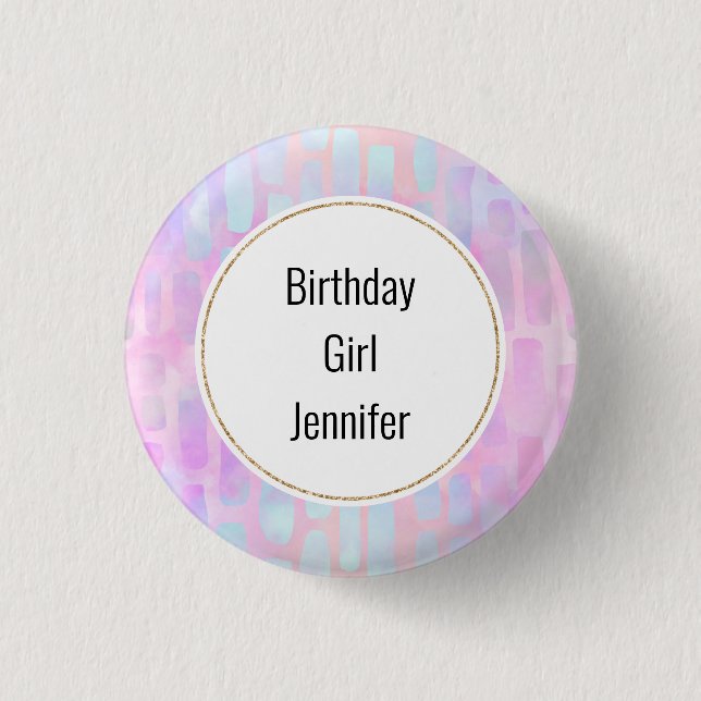 Birthday Girl Blue Rectangle Shapes auf Pink Button (Vorderseite)