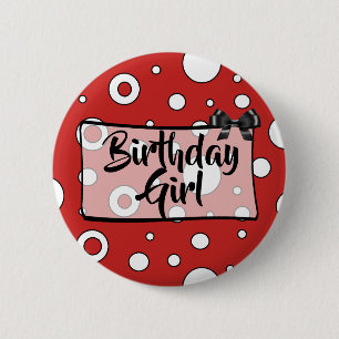 Birthday Girl Button Black, White and Red Bow
