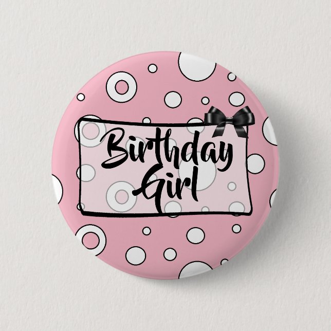 Birthday Girl Button Schwarz, Weiß und Rosa Bow (Vorderseite)