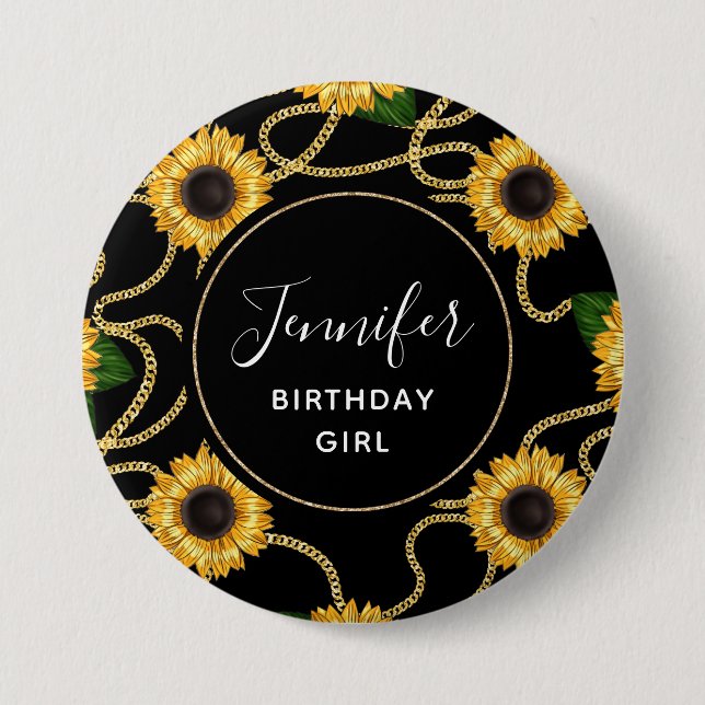 Birthday Girl Classy Yellow Sunblumen Muster Button (Vorderseite)